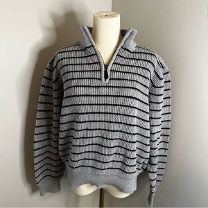 L.L. Bean Navy Striped Gray Women's Quarter Zip Sweater Large Cotton Cashmere